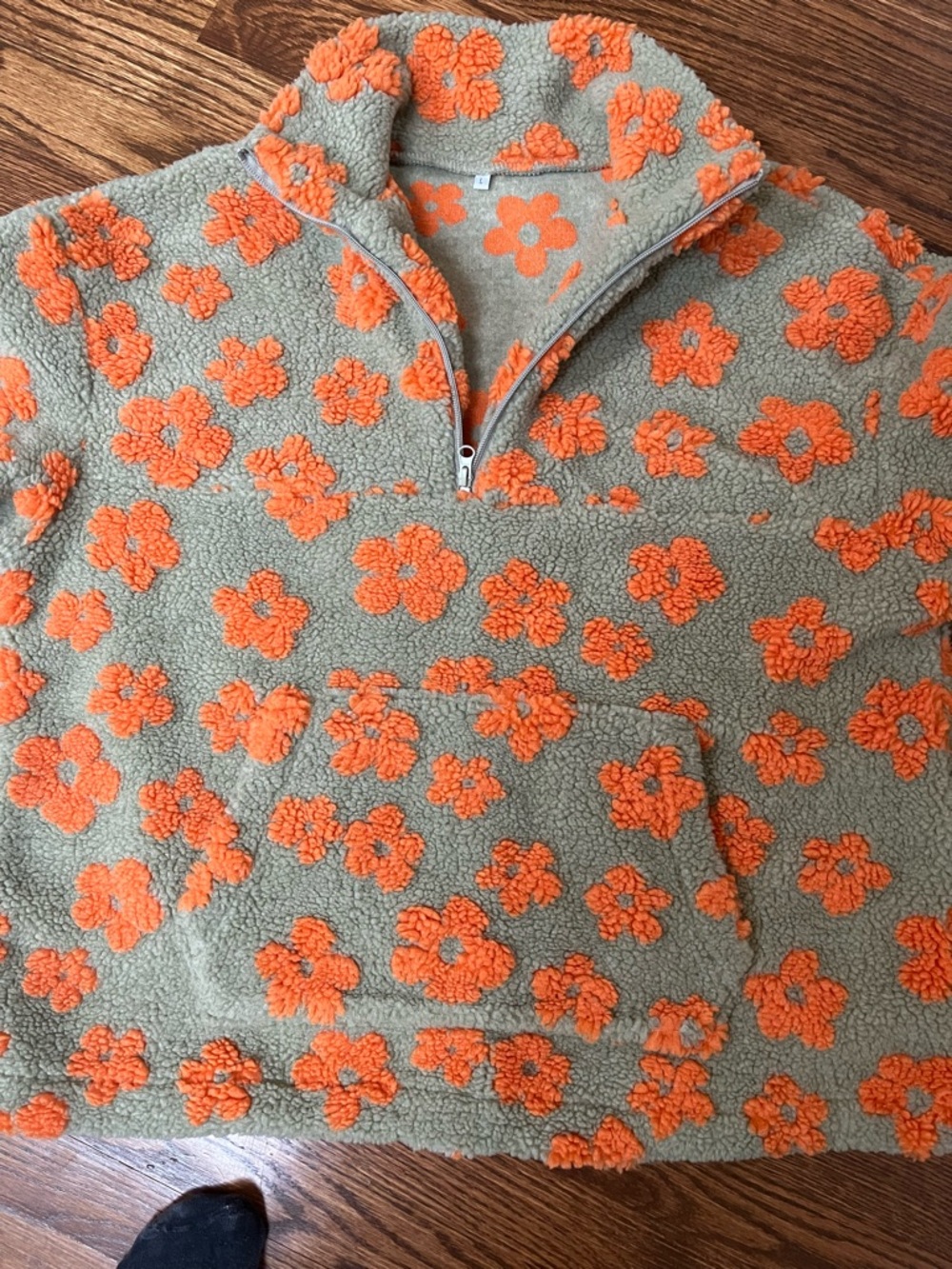 Floral Sherpa Cowl Neck Sweater in Light Green and Orange